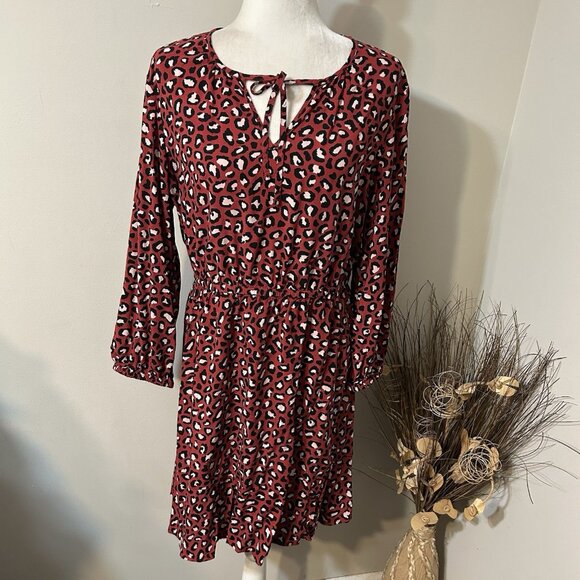 Old Navy Women Cheetah Print A-Line Short Dress V-Neck Burgundy Elastic Waist L - Picture 1 of 10